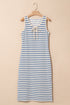 Sky Blue Stripe Tie V Neck Sleeveless Side Slit Midi Dress