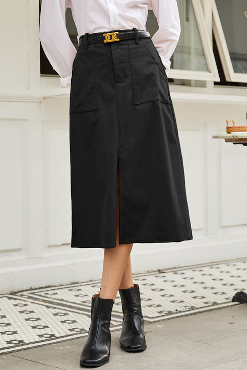 Black Front Slit Shift High Waist Midi Skirt
