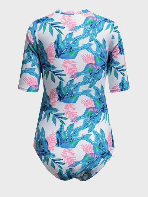 fiery-red-blue-leaves-zip-front-half-sleeve-one-piece-swimsuit