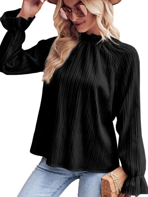 black-frilled-mock-neck-ripple-bubble-sleeve-blouse