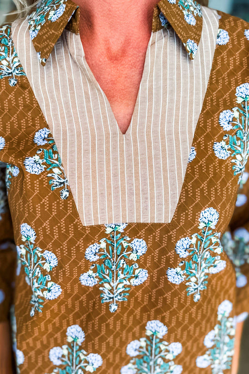 Brown Floral Print 3/4 Sleeve Contrast V Neck Patchwork Blouse