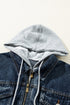 Dark Blue Fake Two-Piece Hooded Zip-Up Denim Jacket