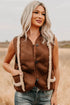 Coffee Faux Suede Plush Trim Button Down Vest