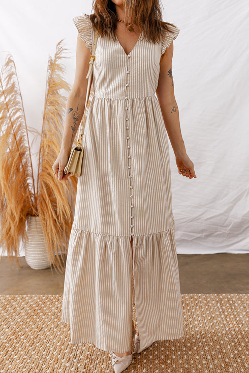 Khaki Stripe Flutter Sleeve Buttoned Front Slit Maxi Dress