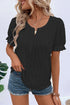 Black Solid Color Textured Notched Neck Puff Sleeve Blouse