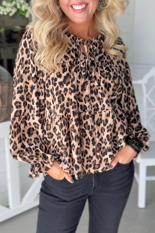 Khaki Leopard Print Tie Front Long Puff Sleeve Blouse
