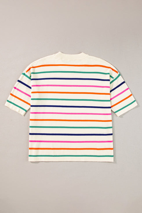 Beige Stripe Dropped Short Sleeve Boxy Fit Knitted Top