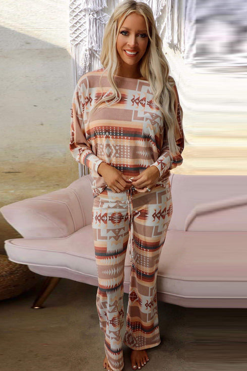 multicolour-aztec-print-puff-sleeve-pullover-and-pants-lounge-outfit