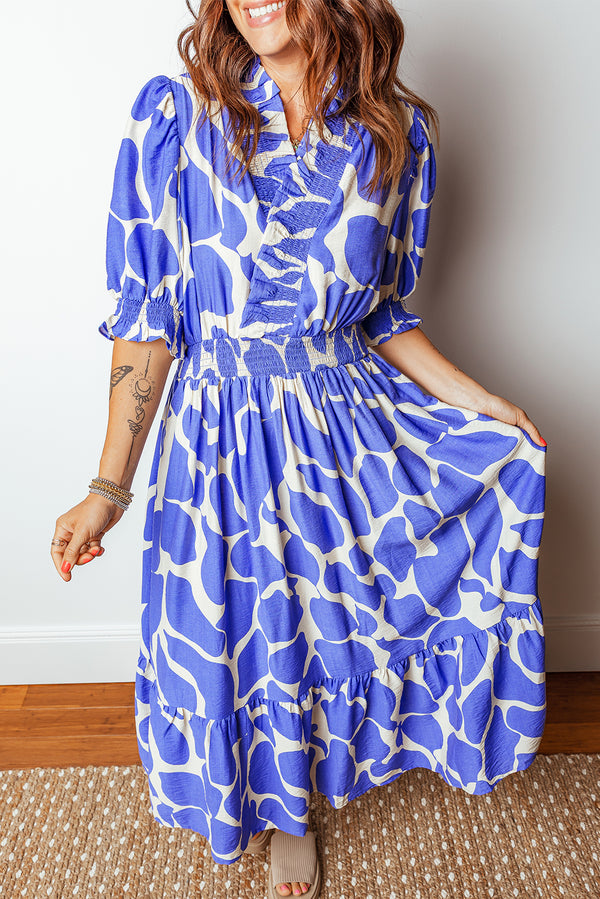 Sky Blue Abstract Print Smocked Waist Puff Half Sleeve Maxi Dress
