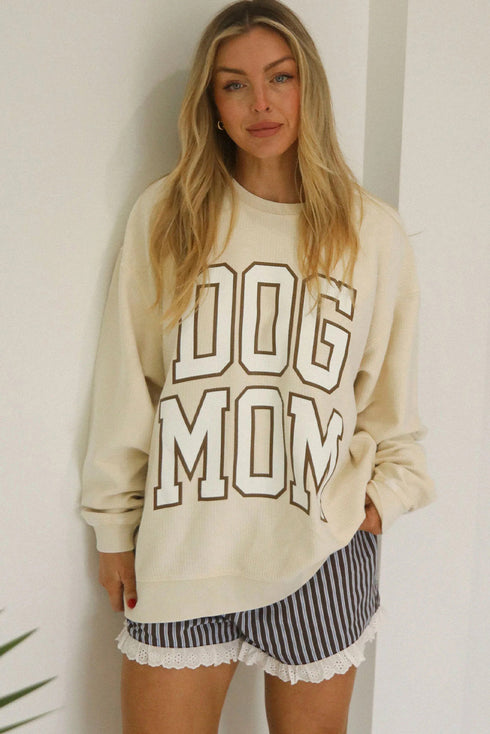 Beige Ribbed Texture DOG MOM Letter Print Oversize Sweatshirt