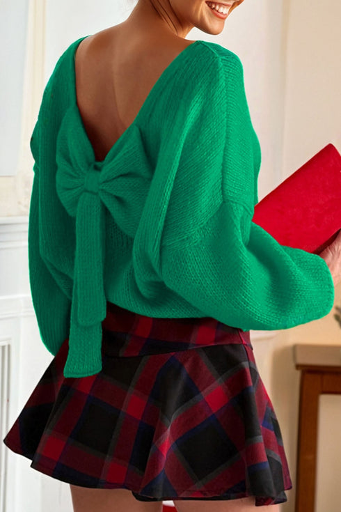 Bright Green Bow Backless Bubble Sleeve Sweater