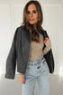 Carbon Grey Vintage Faux Leather Button Pleated Cuffs Zip Up Jacket