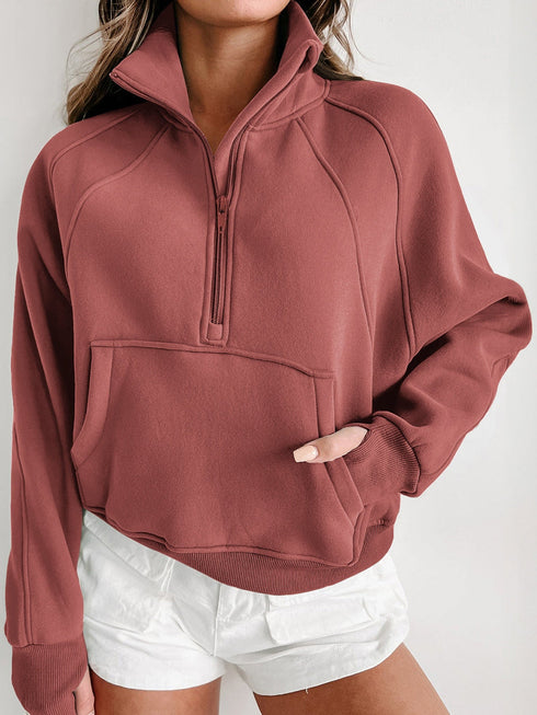 brown-zip-up-stand-collar-ribbed-thumbhole-sleeve-sweatshirt