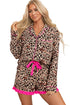 Light French Beige Leopard Print Contrast Trim Long Sleeve Shirt Drawstring Ruffle Hem Short Set