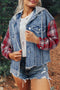 Beau Blue Plaid Print Patchwork Hooded Raw Hem Denim Jacket