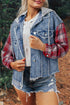 Beau Blue Plaid Print Patchwork Hooded Raw Hem Denim Jacket