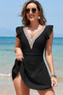 Black Ruffled Short Sleeve Lace Trim V Neck One Piece Swim Dress