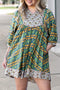 Green Plus Size Mixed Floral Print Striped Trim Loose Mini Dress