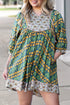Green Plus Size Mixed Floral Print Striped Trim Loose Mini Dress