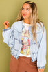 Beau Blue Pleated Seam Detail Round Neck Zip Up Denim Jacket