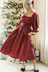 Red Tartan Plaid Square Neck Puff Sleeve Knot Waist Flared Midi Dress