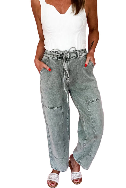 Gray Acid Wash Barrel Fit Denim Pants with Waist String