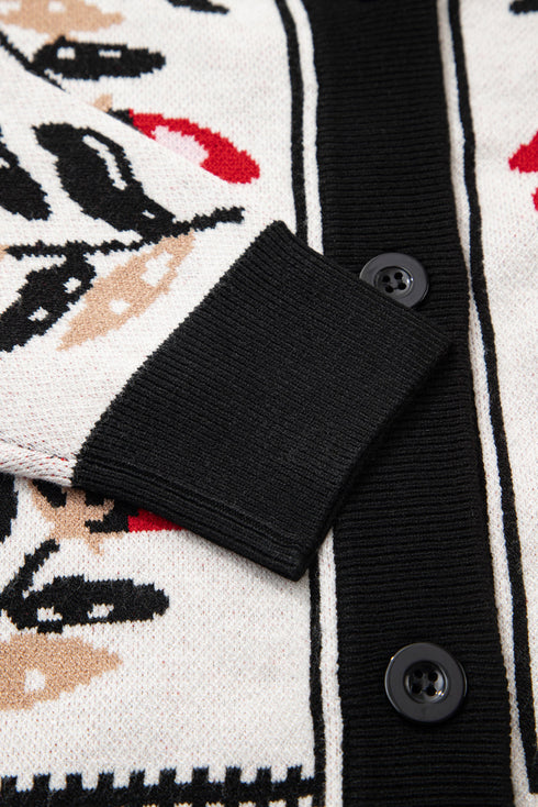 Beige Floral Print Buttoned Front V Neck Knit Cardigan