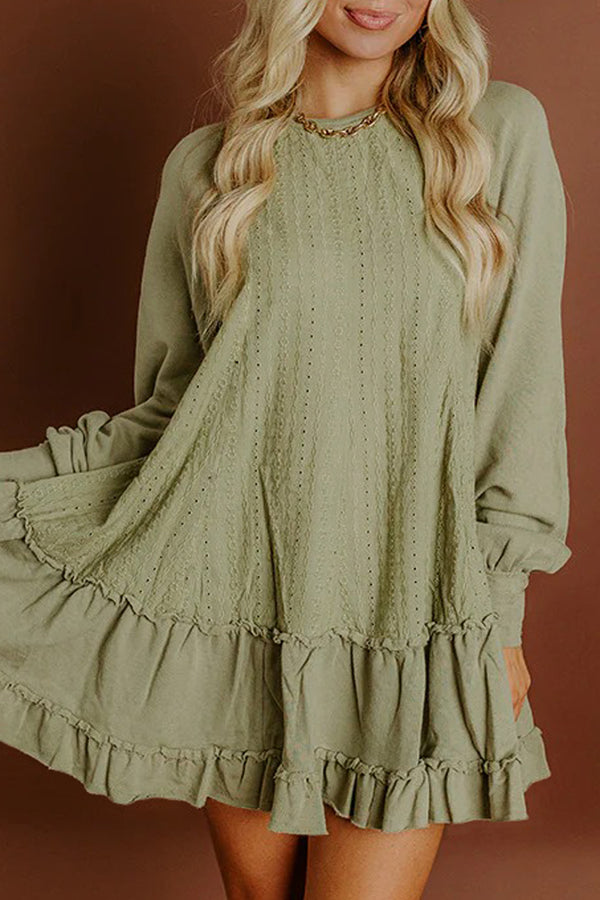 Laurel Green Jacquard Frilled Ruffled Long Sleeve Mini Dress
