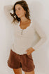 Beige Lace Neckline Button Decor Lettuce Edge Long Sleeve Ribbed Top