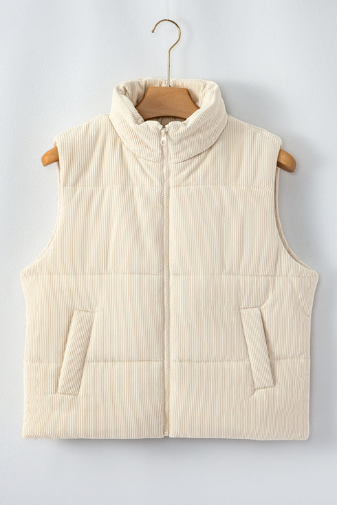 Beige Corduroy Stand Neck Zipped Puffer Vest