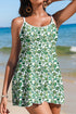 Green Floral Print Ricrac Trim Spaghetti Strap One Piece Swim Dress