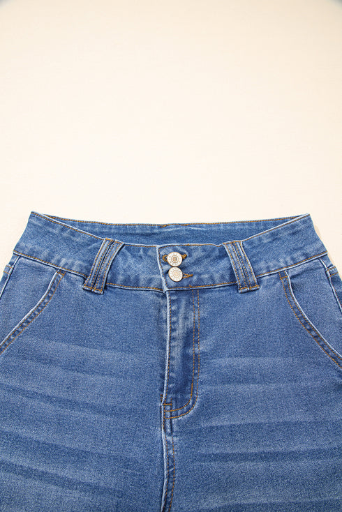 Sky Blue Double Button Zip Fly Straight Leg Jeans