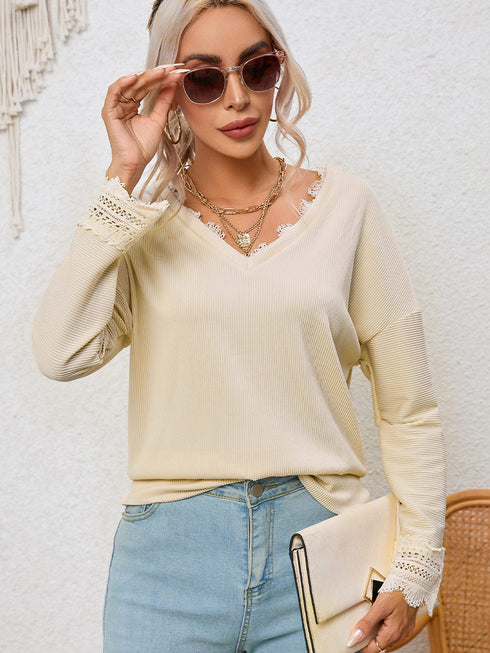 Apricot Ribbed Texture Lace Trim V Neck Long Sleeve Top