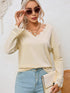 Apricot Ribbed Texture Lace Trim V Neck Long Sleeve Top