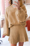 Smoke Gray High Neck Puff Sleeve Sweater Pleated Mini Skirt 2pcs Knitted Outfit