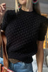 Black Fish Scale Textured Knit Ribbed High Neck Short Sleeve Sweater