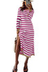 Rose Stripe Striped Print Contrast Edge Long Sleeve Midi Dress with Side Splits
