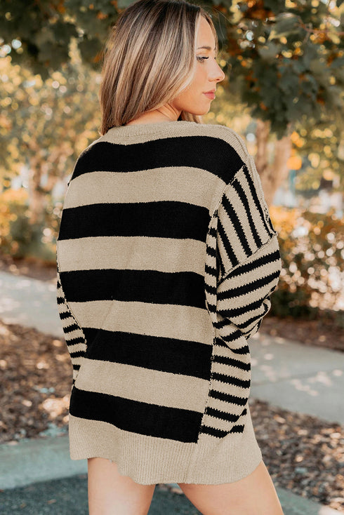 Black Stripe Drop Shoulder Sleeve Patchwork Baggy Sweater