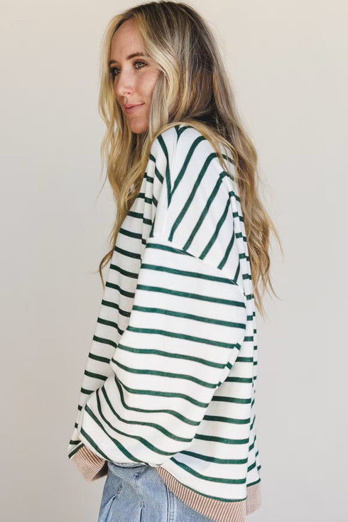 White Stripe Twisted Ribbed Patchwork Drop Shoulder Round Neck Sweatshirt