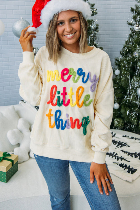 Beige merry little thing Corded Letter Graphic Ribbed Loose Sweatshirt