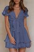Blue Deep V Neck Self-tie Knotted Front Layered Flare Mini Dress