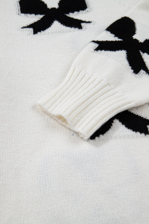 White Lace-up Bow Pattern Sweater Cardigan