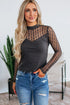 Dark Grey Textured Knit Lace Patchwork Sheer Long Sleeve Top