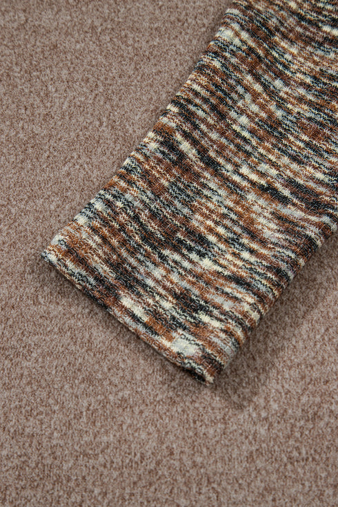 Dark Khaki Contrast Trim V Neck Long Sleeve Patchwork Loose Top