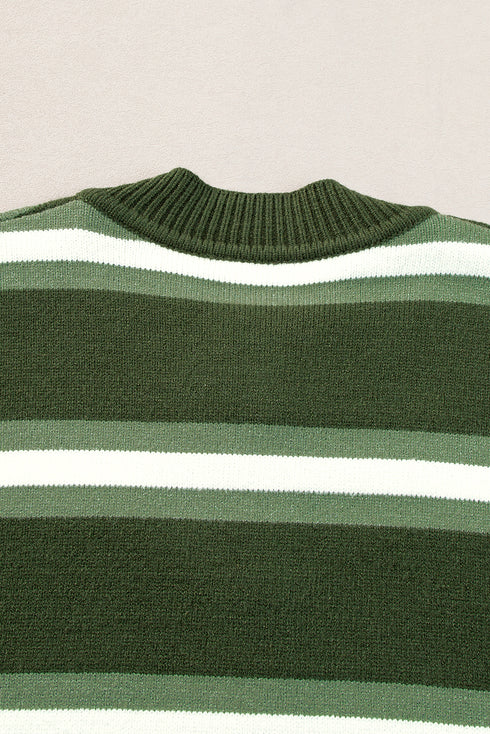 Green Stripe Drop Shoulder Buttons Cardigan Sweater