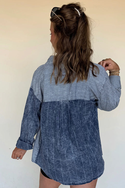 Myosotis Denim Mixed Stripe Patchwork Drop Shoulder Jacket