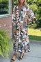 Brown Tropical Printed Contrast Trim Neck Long Sleeve Ruffle Hem Dress