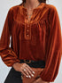 Gold Flame Lantern Sleeve Beaded Split V Neck Velvet Top