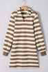 Khaki Stripe Collared V Neck Long Sleeve Loose Casual Dress