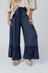 Navy Blue Frilled Drawstring High Waist Wide Leg Pants